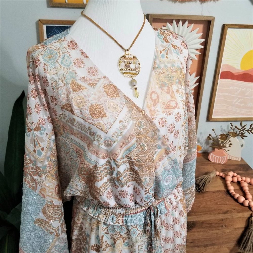 Dress. Aqua Tan Cream Gold. Paisley Floral Print. Peach Love Brand. Size L. NWT. - Picture 13 of 13